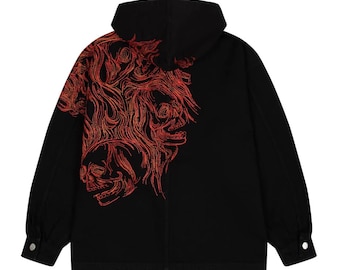 Hellboy Embroidery Denim Jacket – Hand Stitched Back Design – Dark Art Streetwear