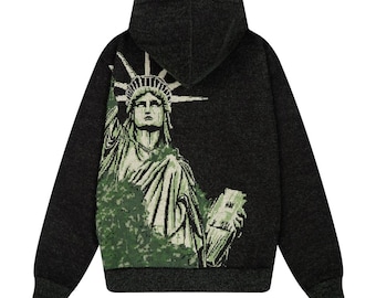 Freiheitsstatue Zip Hoodie, New York Zip Hoodie, USA Streetwear Reißverschluss Hoodie, Vintage Liberty Jacke, Unisex Schwarz Zip Hoodie