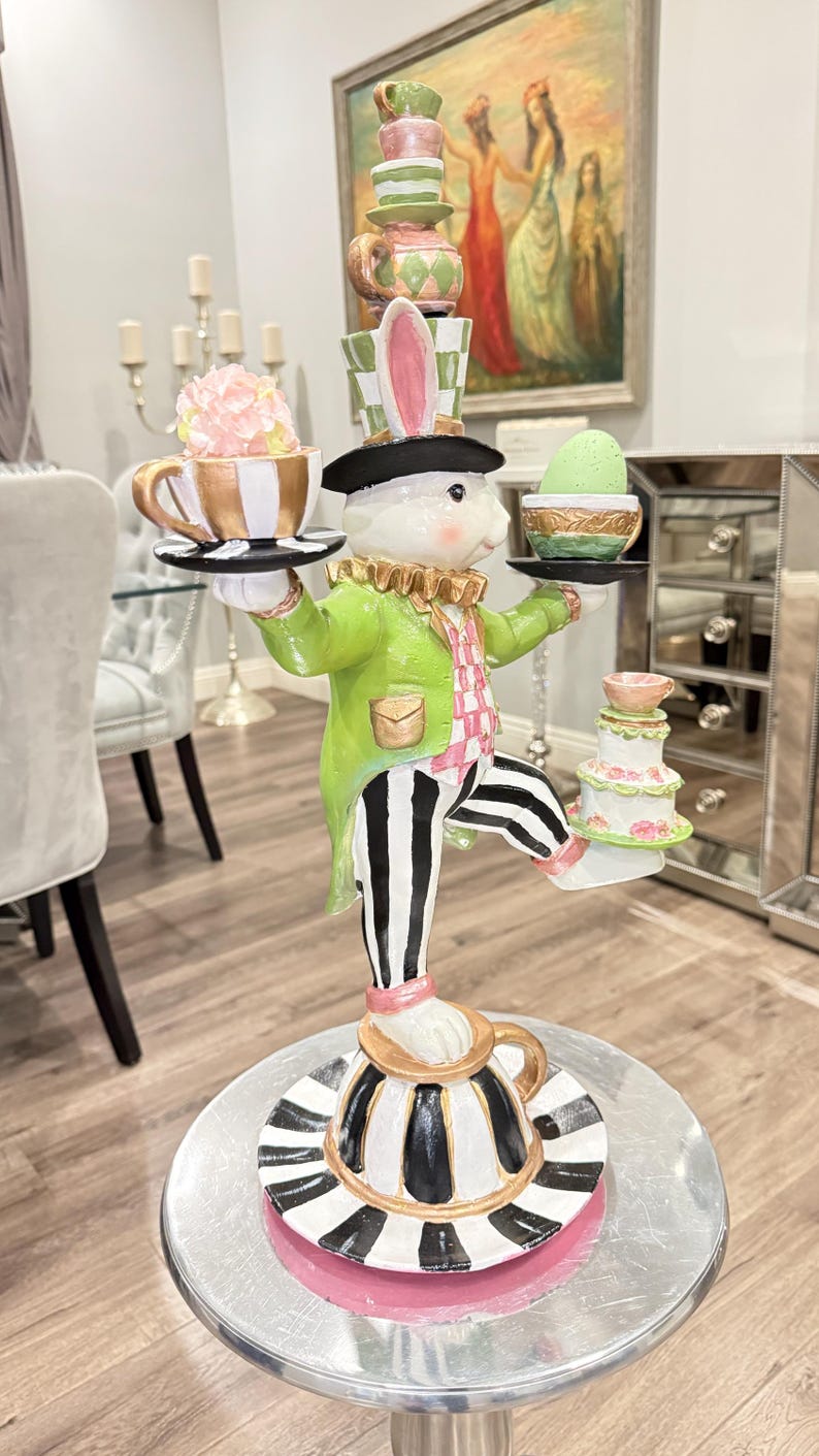 Whimsical Rabbit Tea Party Figurine – Checkered Bunny Decor, Alice in ...