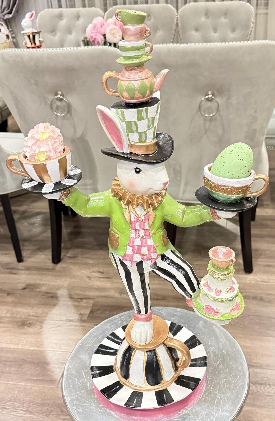 Whimsical Rabbit Tea Party Figurine – Checkered Bunny Decor, Alice in ...