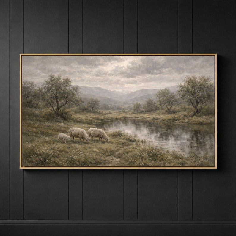 Still Meadows Christian Wall Art, Sheep & Lamb Pastoral Landscape Oil ...