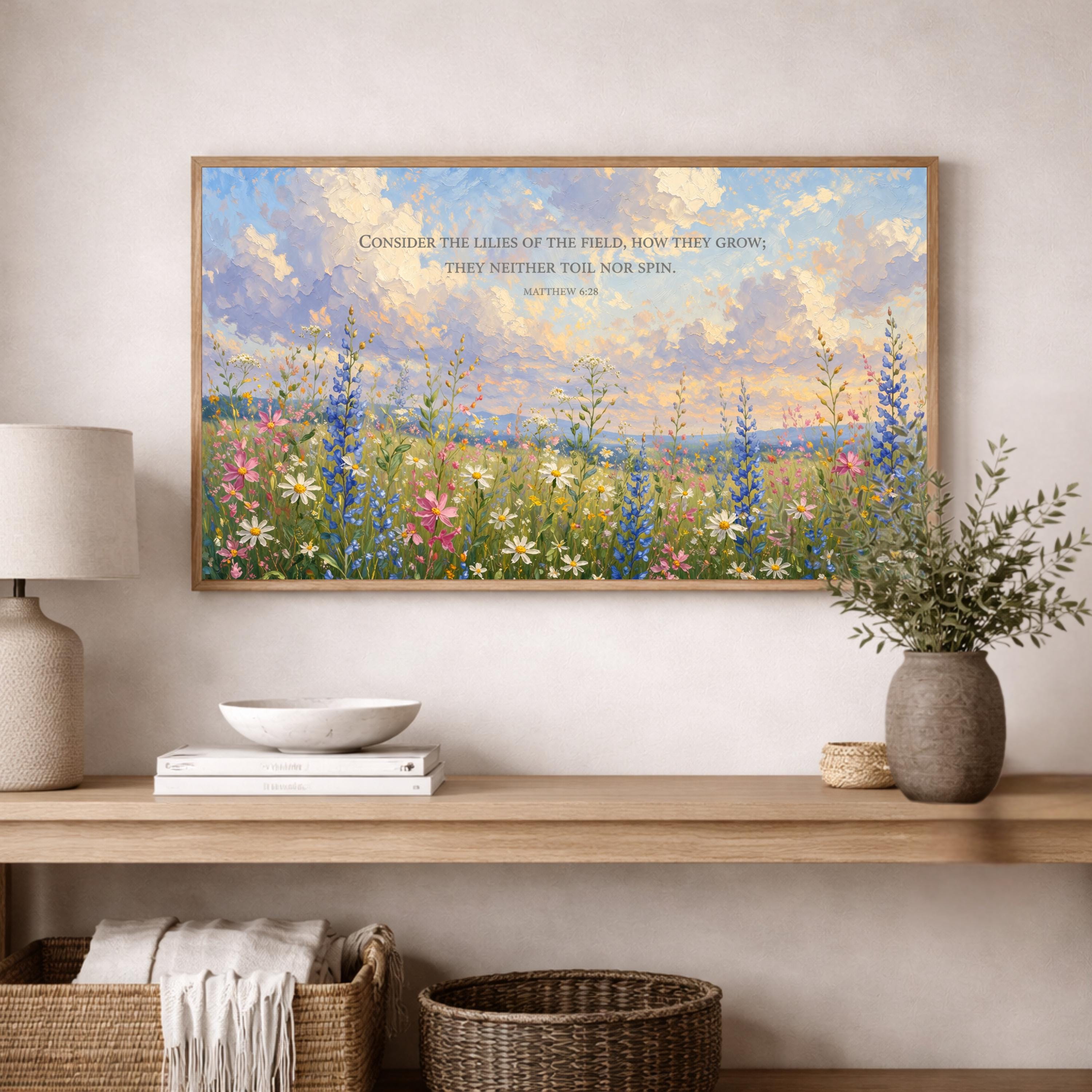 Matthew 6:28 Bible Verse Wall Art, Christian Wildflower Meadow Painting ...