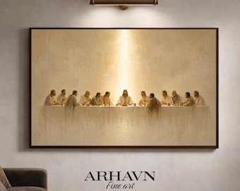 The Last Supper in Quiet Light Framed Canvas | Minimalist Biblical Oil Painting Print | Jesus and the Disciples Wall Decor | Modern Artwork