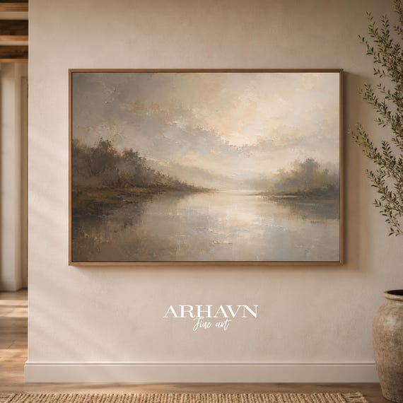 Oversized Framed Neutral Tonalist Oil Painting Print | Luxury Wall Art | Gallery Canvas Print Moody Modern Landscape, Living Room Wall Decor