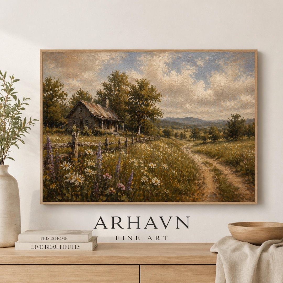 Rustic Farmhouse Landscape Oil Painting, Vintage Cabin Wall Art ...