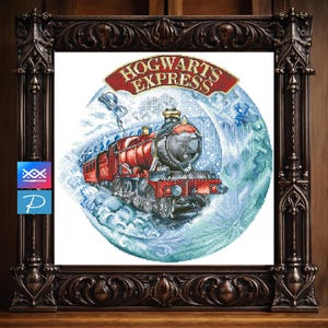 May include: Cross-stitch art of the Hogwarts Express train, framed in a dark, ornate wooden frame. The train is red and black, emerging from a snowy, blue-toned background. The words "HOGWARTS EXPRESS" are displayed above the train.