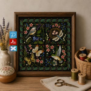 May include: A framed cross-stitch pattern featuring a bird, butterfly, dragonfly, and hummingbird, surrounded by flowers and foliage on a black background. The artwork is in a dark wooden frame. The image includes a vase, pin cushion, and sewing supplies.