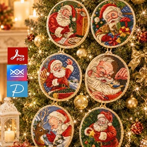 May include: Six circular cross-stitch ornaments featuring Santa Claus in various festive scenes, including reading a list, holding gifts, waving, painting a bird, interacting with a reindeer, and decorating a tree, all framed in light-coloured rope.
