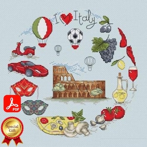 May include: A cross-stitch design with Italian symbols in a circular arrangement. It features a red scooter, car, Colosseum, pizza, wine, and the text "I ❤️ Italy". Other elements include a football, hot air balloons, and a special gift badge.