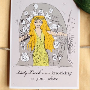 4 biglietti/cartoline – Lady Luck – con una fiaba, illustrazione disegnata a mano. Ecologico: inchiostro a base vegetale esente da OGM, carta riciclata