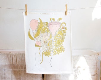 Pink fairy kitchen towel in organic linen with the hand drawn illustration * Glimmering Fairy *. Eco-friendly. By In The Dreaming Garden.