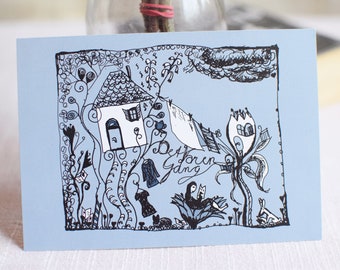 4 eco cards / postcards – The Book Garden – Hand drawn illustration of a girl reading in a garden with a tree house and wild animals
