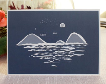 4 Eco A6 cards / postcards – I Love You – Romantic love drawing with sea and mountains. Hand drawn illustration