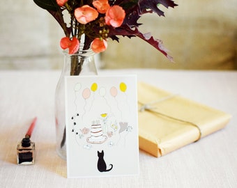 4 Cat birthday cards / postcards – Cake Party – Hand drawn illustration. 100% recycled paper. Eco. Also available as postcards.
