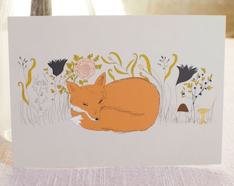 4 eco cards / postcards – Fox – Hand drawn animal illustration with a sleeping fox among flowers. Vegetable based ink, 100% recycled paper.