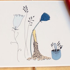 May include: A white card with a hand-drawn illustration of a woman in a blue dress standing next to a blue flower and a blue bucket with musical notes. The woman has blonde hair and is holding the flower.