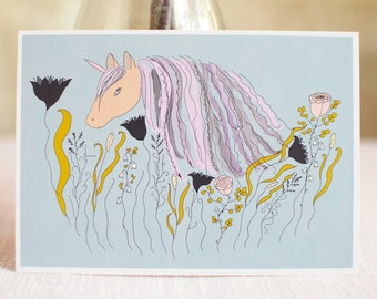 4 eco A6 cards / postcards – Unicorn – Hand drawn illustration with a unicorn among flowers. The children's favorite. In The Dreaming Garden