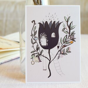 4 cards / postcards – Flower House – Eco-friendly. Hand drawn fantasy illustration of a Nordic flower inhabited by ... a fairy?