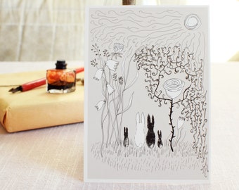 4 eco rabbit cards / postcards – The Rabbit Family – Hand drawn illustration with black and white rabbits. For children and adult children