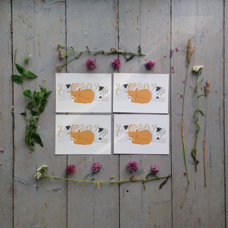 Puede incluir: Cuatro tarjetas ilustradas con un zorro durmiendo en un campo de flores. Cada tarjeta tiene un esquema de color diferente y presenta un zorro con una pose diferente.