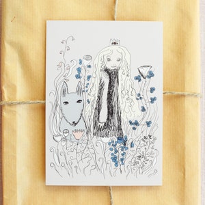 4 Eco A6 Karten / Postkarten – Die Prinzessin und ihr Hund – Handgezeichnete Illustration, gedruckt auf Recyclingpapier