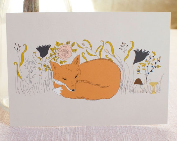 4 eco cards / postcards – Fox – Hand drawn animal illustration with a sleeping fox among flowers. Vegetable based ink, 100% recycled paper.