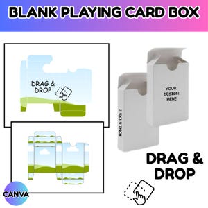 Op de afbeelding: Witte blanco speelkaartenboxen met de tekst "UW ONTWERP HIER" en "SLEPEN & LOSLATEN". De dozen zijn 6,35 x 8,89 cm. De afbeelding toont ook een sjabloon voor het doosontwerp.