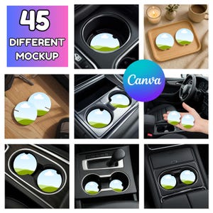 May include: A collection of car coasters with a landscape design, displayed in various car cup holders. The image also shows coasters on a wooden surface and held in a hand. The text "45 DIFFERENT MOCKUP" is visible.