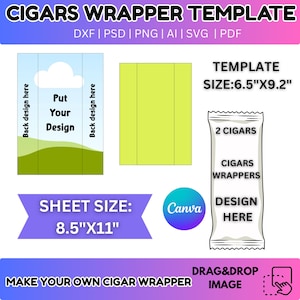 May include: A digital template for cigar wrappers, featuring a design area with a sky and landscape illustration. The template includes sizes of 16.5cm x 23.4cm and a sheet size of 21.6cm x 27.9cm. The design is for two cigars and includes the text "Design Here".