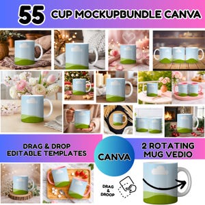 Könnte beinhalten: Eine Sammlung weißer Keramikbecher mit einem Landschaftsdesign mit blauem Himmel, weißer Wolke und grünen Hügeln. Das Bild enthält den Text "55 CUP MOCKUPBUNDLE CANVA", "DRAG & DROP EDITABLE TEMPLATES" und "2 ROTATING MUG VEDIO".