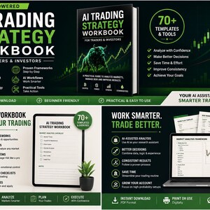 May include: An AI Trading Strategy Workbook for Traders & Investors. The cover features a bull graphic. The workbook includes market analysis, risk management, and trading psychology. It also includes 70+ templates and tools. The workbook is available as an instant PDF download.