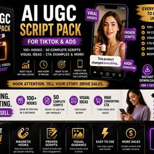Peut inclure: Publicité pour un pack de scripts AI UGC pour TikTok et les publicités. La conception présente une boîte noire avec le nom du produit, un smartphone affichant une vidéo et une femme tenant un produit. Le pack promet plus de 100 accroches, 50 scripts et des idées visuelles.