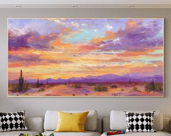 Desert Sunset Cactus Oil Painting, Purple Mountains Sky Wall Art, Textured Western Landscape On Canvas, Vibrant Southwest Nature Home Decor