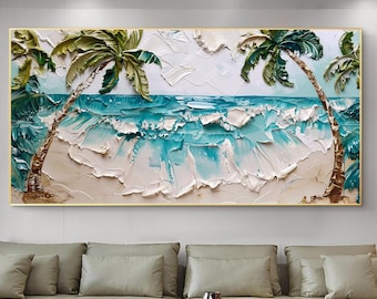 Tropical Ocean Wave Oil Painting, Turquoise Coastal Palm Tree Wall Art, Textured Summer Seascape On Canvas, Original Beach Island Home Decor