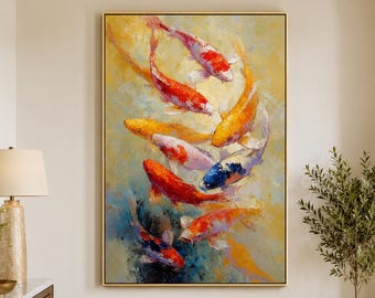 May include: A large rectangular oil painting featuring a school of koi fish swimming in a swirling motion. The fish are rendered in vibrant shades of red, orange, yellow, white, and blue against a textured, abstract background of soft gold and cream.