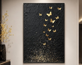 Flying Gold Butterfly Oil Painting, Dark Textured Wall Art, Abstract Black On Canvas