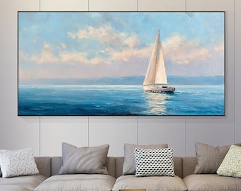 Pintura al óleo de un sereno velero blanco, arte mural de un tranquilo paisaje marino azul del océano, decoración costera para el hogar con cielo pastel suave, arte náutico de un barco marino sobre lienzo