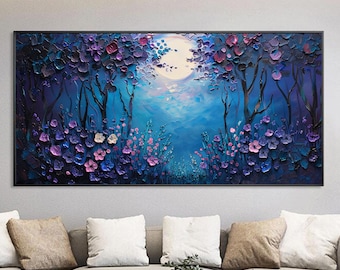 Textured Purple Forest Oil Painting, Moonlit Night View Wall Art, Large Abstract Floral Canvas Artwork, Original Impasto Woods Home Decor