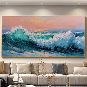 Crashing Wave Oil Painting, Pink Sunset Ocean Wall Art, Textured Coastal On Canvas