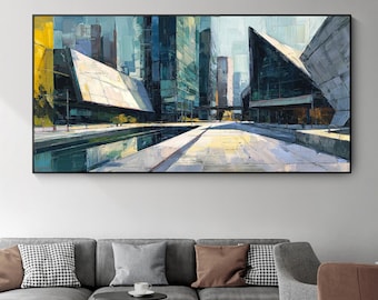 Peinture à l'huile de paysage urbain moderne de texture originale, art mural urbain abstrait, décoration d'intérieur d'architecture contemporaine, cadeau de bureau avec ligne d'horizon géométrique