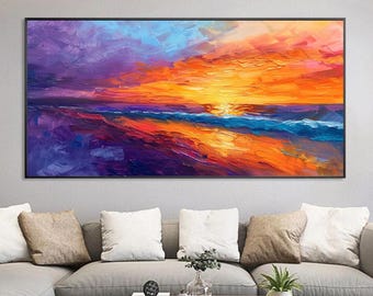 Textured Abstract Sunset Ocean Oil Painting, Colorful Impasto Seascape Wall Art, Large Original Beach On Canvas, Vibrant Coastal Home Decor