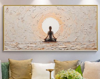 Serene Meditating Figure Oil Painting, Calm Yoga Halo Wall Art, Textured Impasto Sunrise On Canvas, Spiritual Mindful Abstract Home Decor