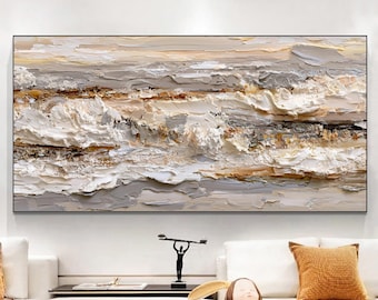 Textured Abstract Oil Painting, Neutral Beige Coastal Wall Art, Heavy Impasto Nature Waves On Canvas, Modern Earthy Minimalist Home Decor