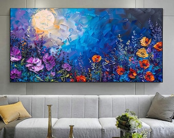 Large Textured Night Garden Oil Painting, Colorful Abstract Wildflower Wall Art, Original Moon Impasto On Canvas, Purple Floral Home Decor