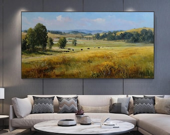 Serene Pastoral Scenery Oil Painting, Golden Meadow Countryside Wall Art, Summer Field Nature Canvas Artwork, Rustic Farm Animals Home Decor