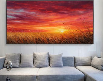 Vibrant Red Sunset Landscape Oil Painting, Abstract Scenery Canvas Art, Golden Wheat Field Nature Wall Art, Warm Evening Meadow Home Decor