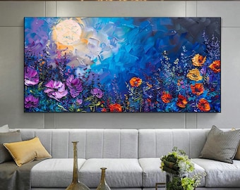 Large Textured Night Garden Oil Painting, Colorful Abstract Wildflower Wall Art, Original Moon Impasto On Canvas, Purple Floral Home Decor