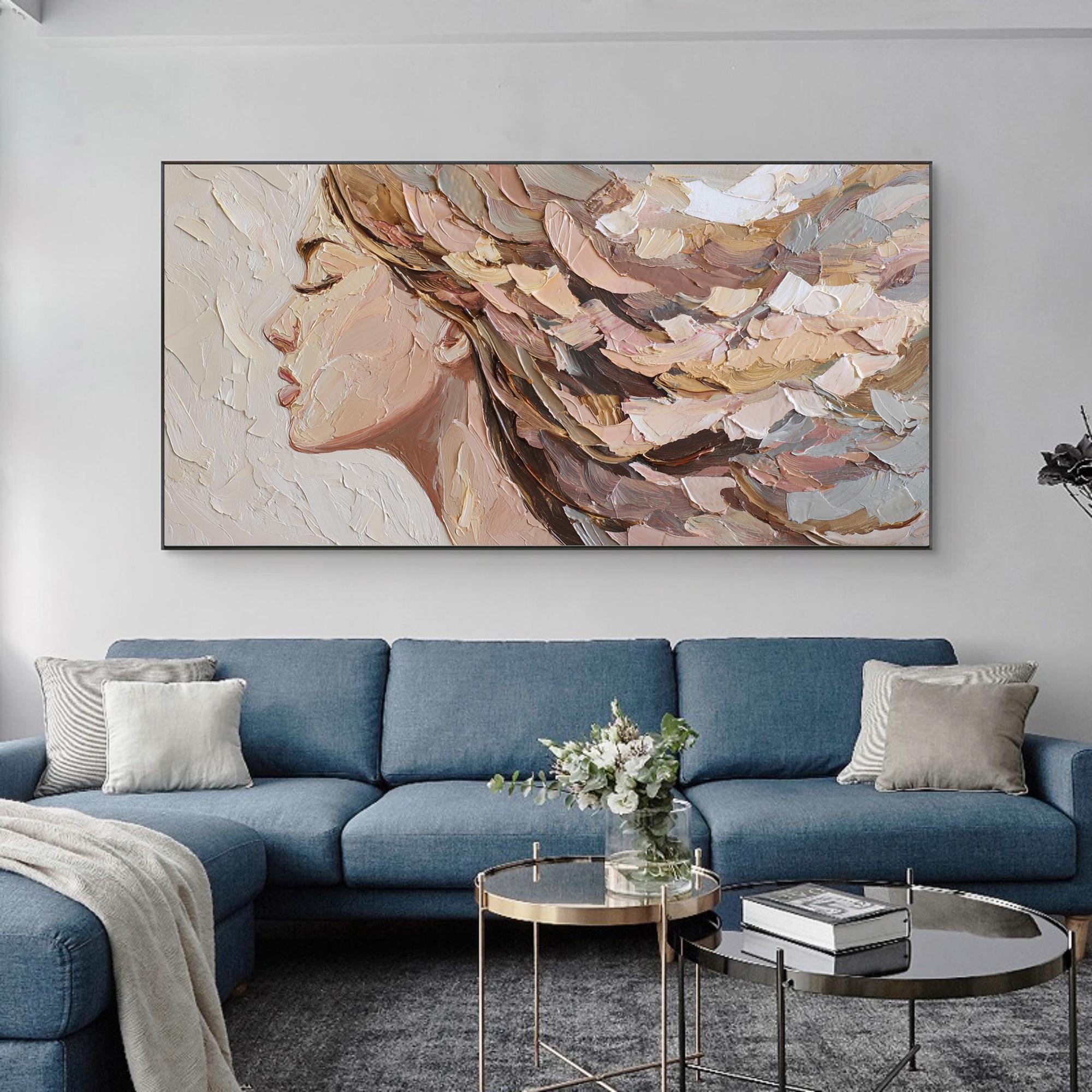 Neutral Female Profile Oil Painting, Impasto Textured Canvas Wall Art ...
