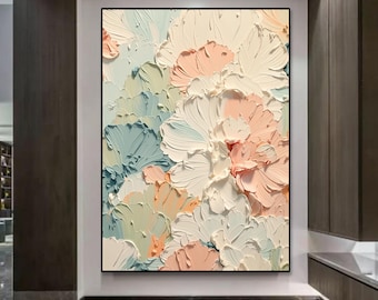Pastel bloemen impasto olieverfschilderij, zachte blush munt textuur muur kunst, abstracte dikke bloemen woondecoratie, romige botanische slaapkamer chique cadeau