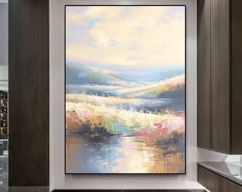 Abstract Pastel Lake Oil Painting, Serene Sunrise Water Wall Art, Dreamy Impasto Landscape Home Decor, Textured Nature Reflection Canvas Art